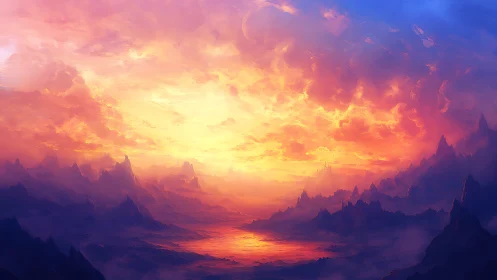 Skyfire horizon over dream-forged mountains at sundown.