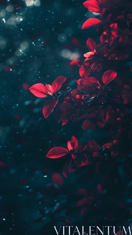 High-contrast red foliage rendered against deep teal bokeh field