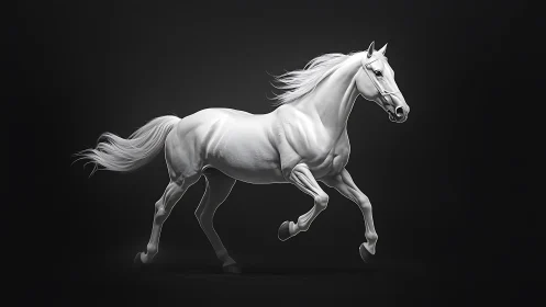 Luminous white stallion in dynamic 3D motion study.
