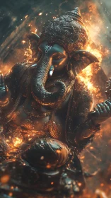 3D deific sculpture with molten firelit ornamentation.