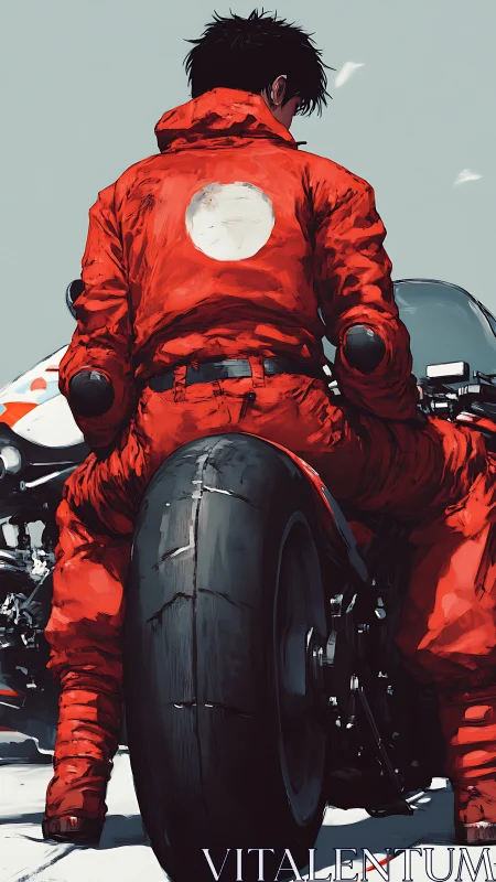 Rear-view rider in red suit straddles wide sport bike tire