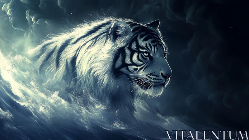 Storm-tossed white tiger walks the ocean like frozen thunder