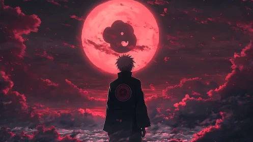 Lone anime figure under huge red moon in stormy sky.