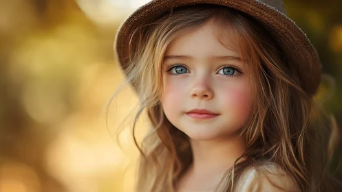 Young child portrait with brown hat and warm golden background lighting