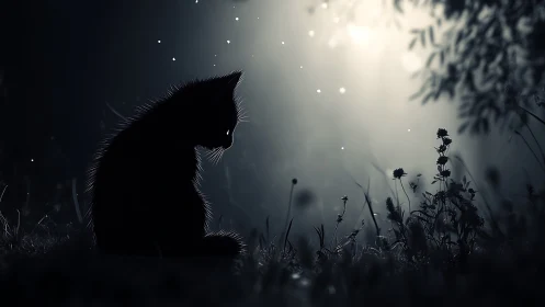 Silhouetted feline examines luminescent nocturnal landscape with bokeh particles.
