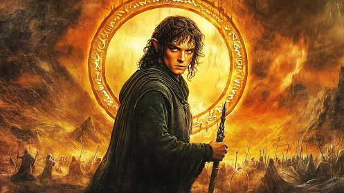 Young hero stands before fiery ring of destiny with courage.