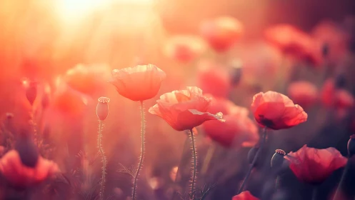 Red Poppies Backlit by Golden Sunlight in Soft Focus Field.