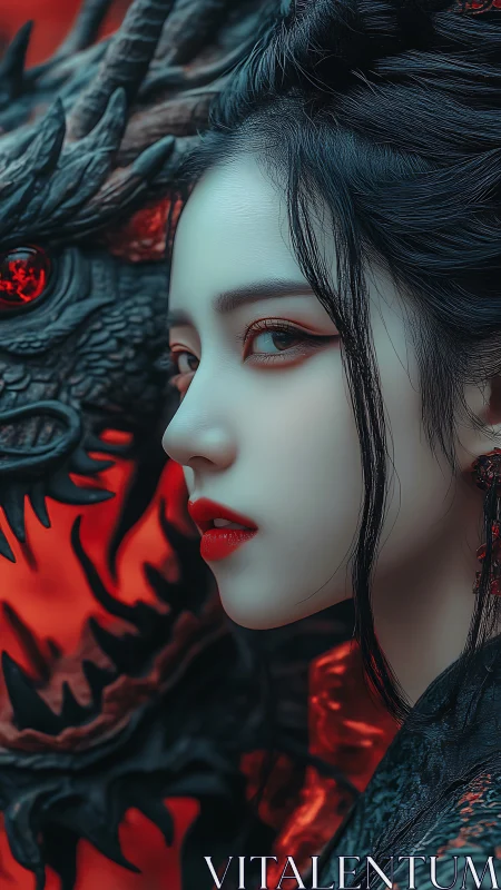 Profile view of woman beside stylized dragon sculpture.