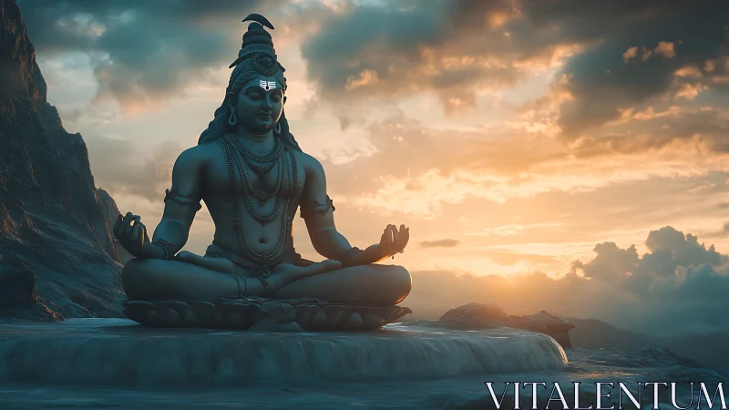 Meditating deity statue on rocky mountain at vivid sunset.