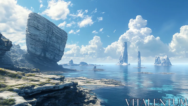 Monolithic Coastal Formations: Towering Rock Pillars in Cerulean Waters