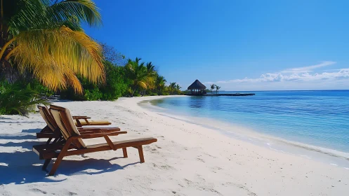 Maldivian Beach Resort with Lounge Chairs and Thatched Bungalow at Horizon