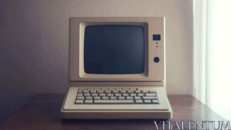 Cozy retro computer sitting quietly on a sunlit wooden desk.