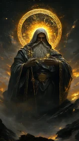 Elder mage crowned by molten halo in volcanic twilight.