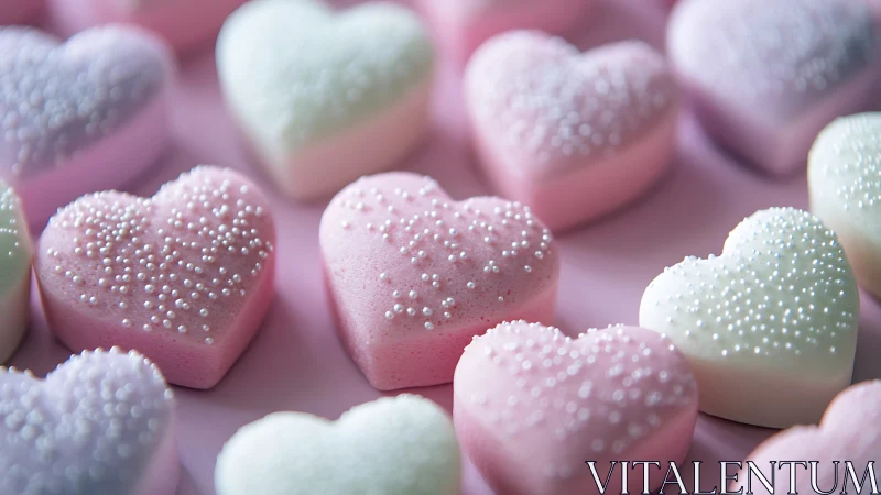 Heart-shaped confections with pearl embellishment displayed on pink surface