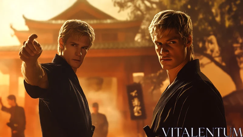 Dual martial artists in sunlit dojo courtyard standoff.