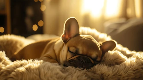Sunlit Frenchie dreamer curled in a golden fur cloud.