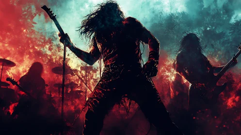 Digital painting of metal band silhouettes in infernal backlight.