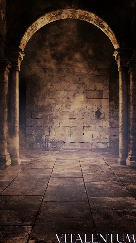 Ancient stone archway opens onto a misty, dim chamber.