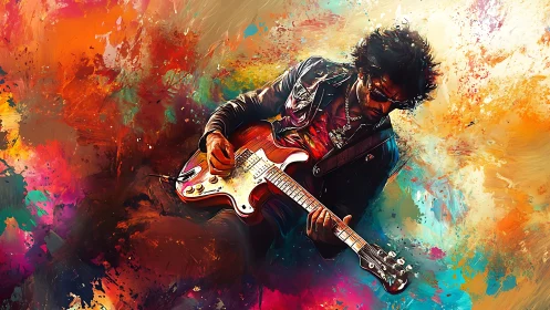 Electric guitarist emerges through explosive abstract color field.
