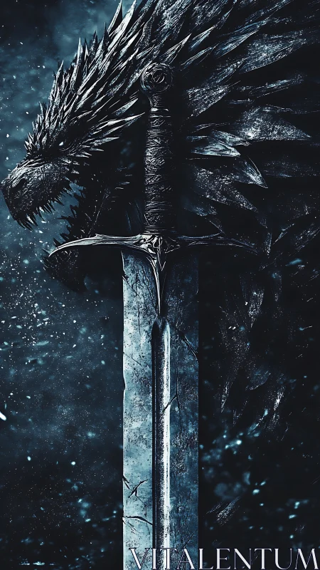 Frozen dragon and ancient sword united in fierce stillness.