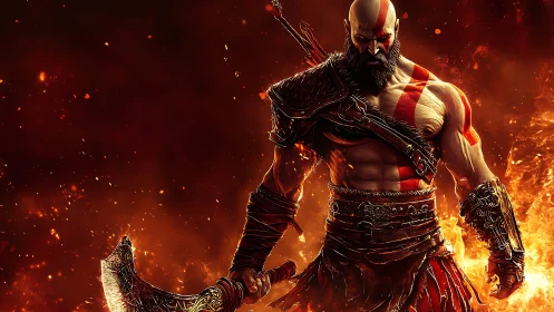 Armored warrior stands amid dense flames in digital render