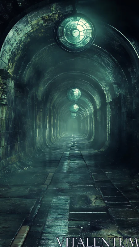 Long underground corridor extends with circular ceiling lights