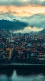 Misty riverside city wakes beneath glowing mountain dawn