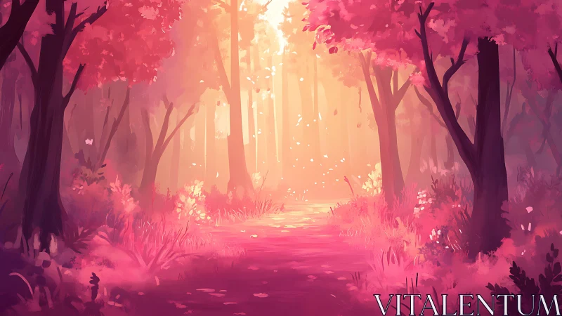 Enchanted Forest Pathway Glowing in Soft Magenta Light.