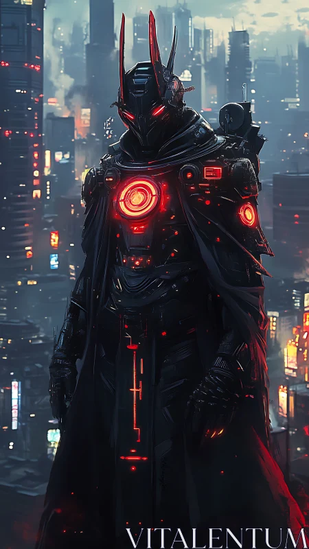 Neon warlock sentinel brooding over rain-soaked megacity.