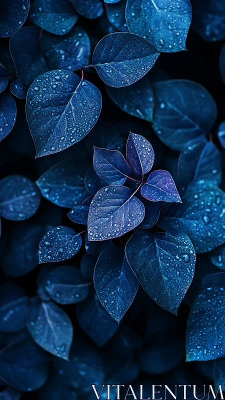 Midnight blue leaves with dew drops in tight macro frame.