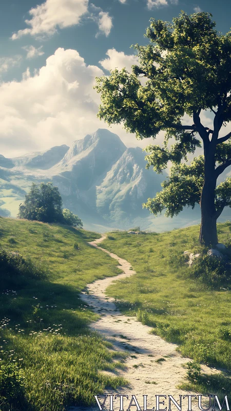 Sunlit hillside path curling toward whispering blue mountains.