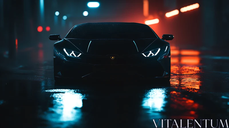 Low-angle nocturnal view shows sports car front in wet alley