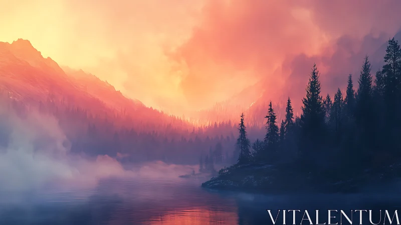 Digital painting sunset over misted alpine conifer lakescape.