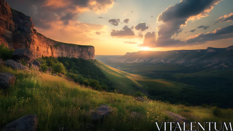 Sunlit canyon cliffs overlook verdant valley at sunset