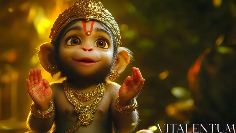 Childlike monkey deity idol rendered in detailed 3D lighting