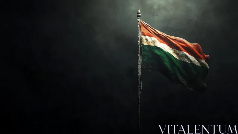 Weathered tricolor flag glowing softly in the stormy dark.