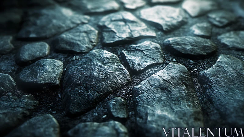 Wet cobblestone displacement surface with cinematic lighting.