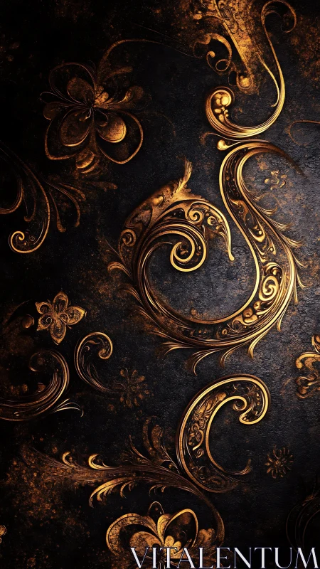 Golden baroque flourishes glow against textured black backdrop.