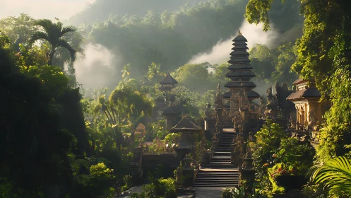 Sunlit jungle temple complex rendered in lush photoreal detail