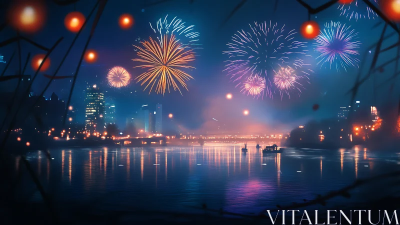 Midnight riverfront fireworks painting the neon-blue dusk.