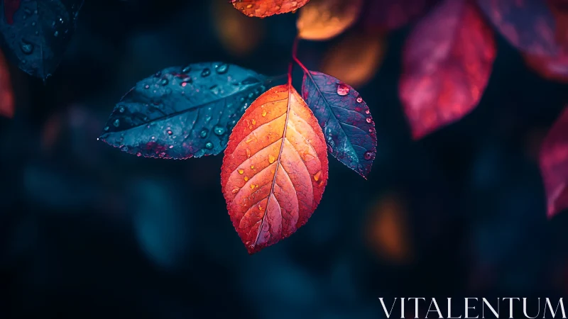 Raindrops on red and blue leaves against dark background.