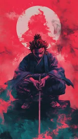 Lone samurai crouches under blood moon with lowered katana