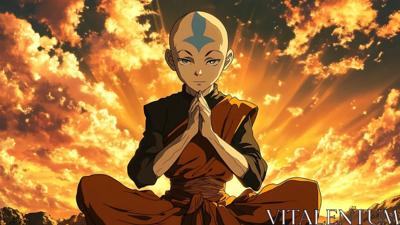 Shaved-headed robed figure meditating against vivid sunset sky.