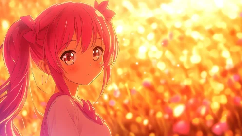 Sunlit pink haired girl glowing in a golden evening field.