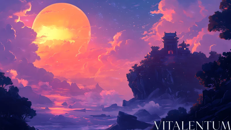 Coastal temple on cliff under oversized setting sun.