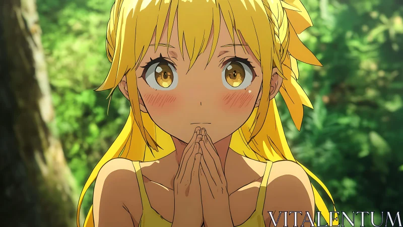 Blonde anime girl with clasped hands in forest setting.