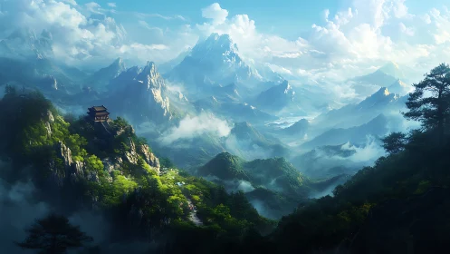 Sunlit temple overlooks misty fantasy mountain valley