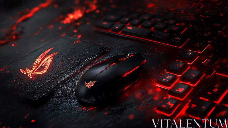 RGB gaming mouse with red backlit keyboard on desk.
