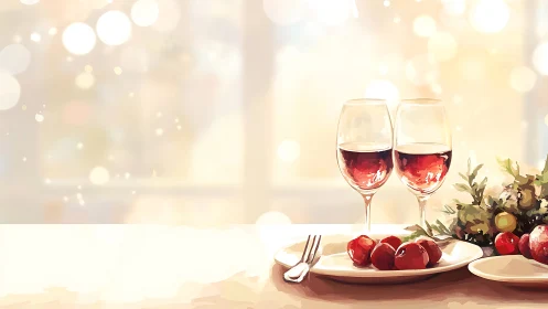 Digital painting of festive red wine still life on table setting.