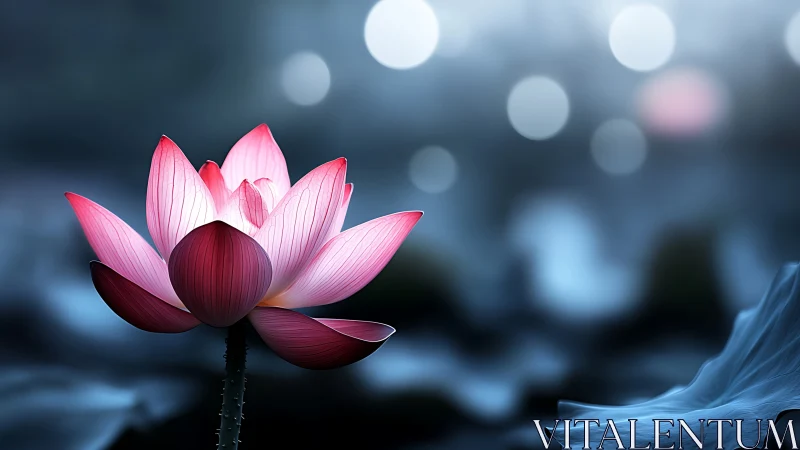 Pink Lotus Flower Blooms Against Ethereal Blue Bokeh Background.